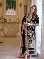 Noir Black & Silver Accent : Heavy Embroidered Velvet Suit With Chiffon Dupatta | Ready To Wear