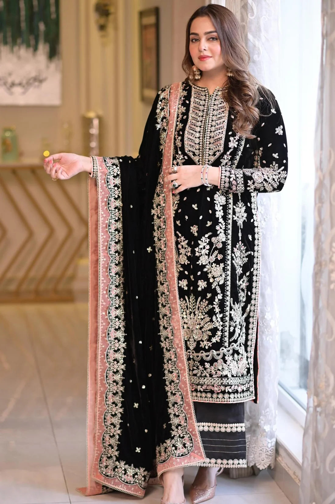 Noir Black & Silver Accent : Heavy Embroidered Velvet Suit With Chiffon Dupatta | Ready To Wear