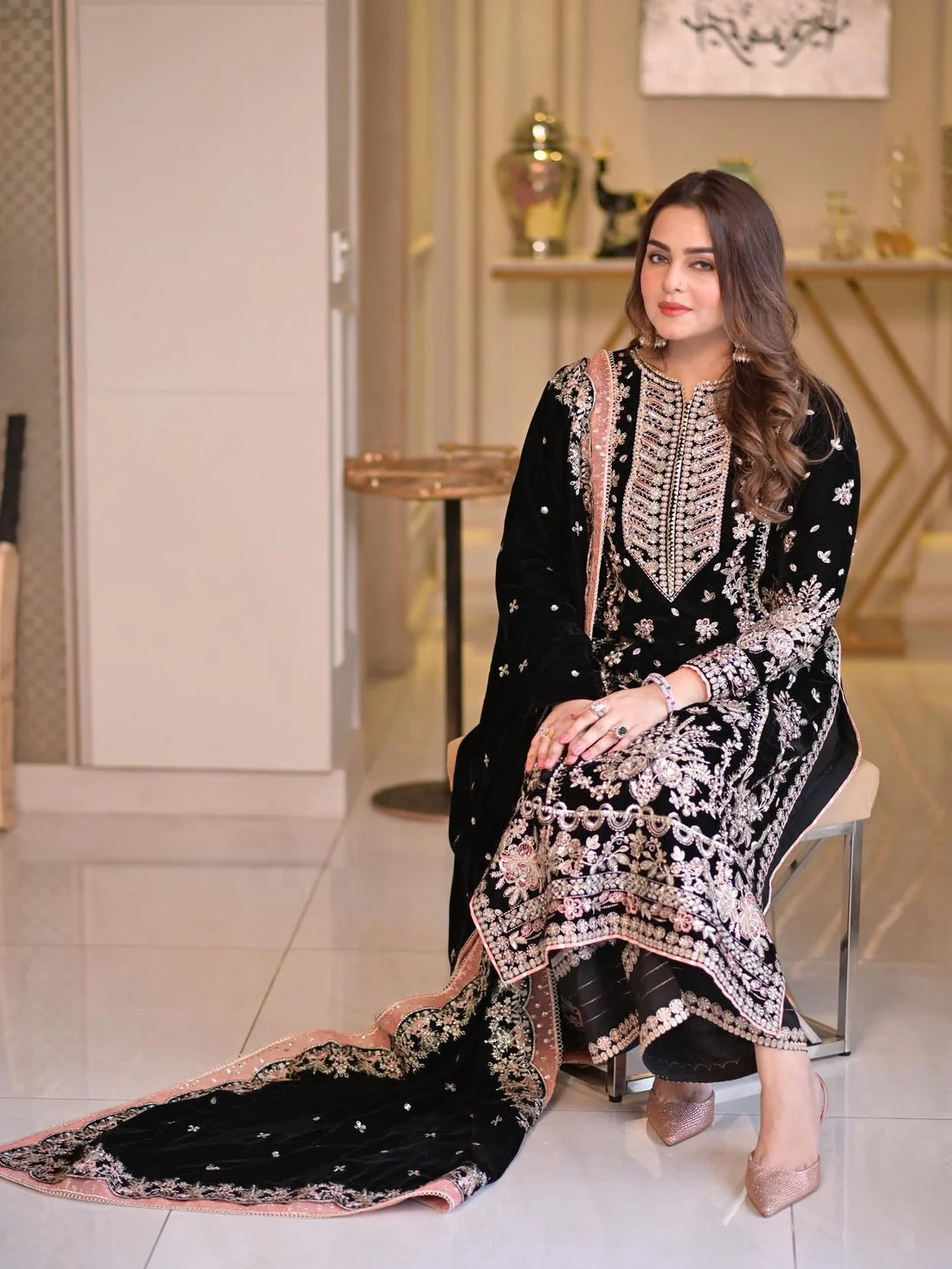 Noir Black & Silver Accent : Heavy Embroidered Velvet Suit With Chiffon Dupatta | Ready To Wear
