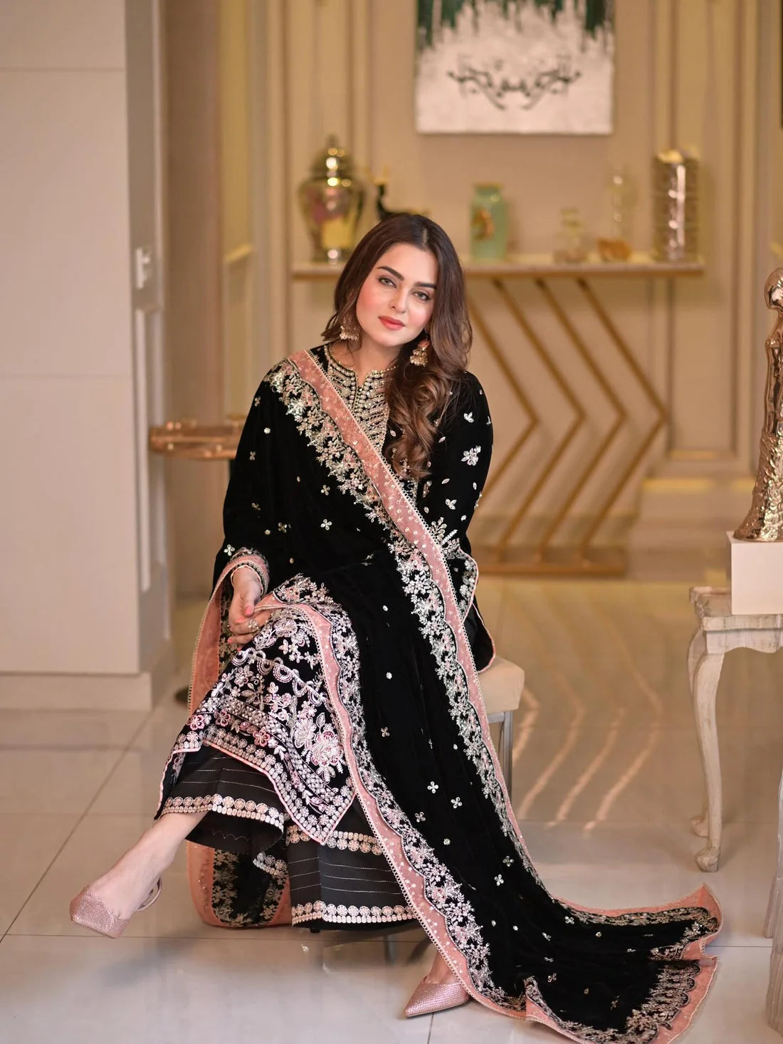 Noir Black & Silver Accent : Heavy Embroidered Velvet Suit With Chiffon Dupatta | Ready To Wear
