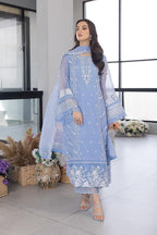 Sky Blue Thread Work Luxury Embroidery Dress 3 Piece