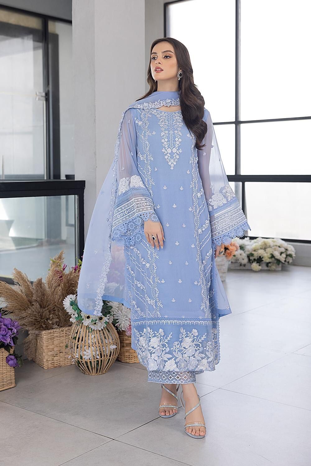 Sky Blue Thread Work Luxury Embroidery Dress 3 Piece