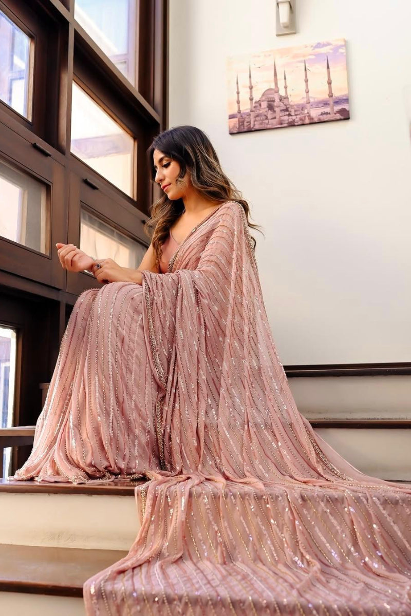 Semi Pure Chiffon Sequence Embroidered Ready-to-Wear Saree with Dyed Blouse & Soft Mali Trouser