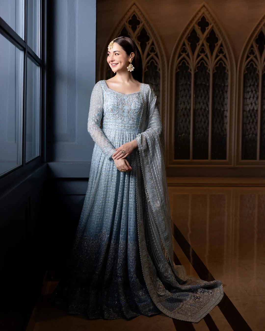 Ombré Ice Blue - Two Tone Embroidered Net Maxi | Ready To Wear
