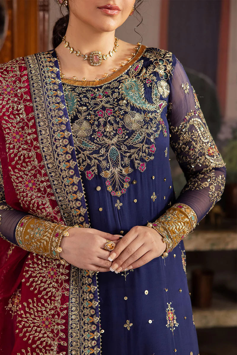 The Royal Sapphire: Heavy Embroidered Chiffon Suit | Ready To Wear