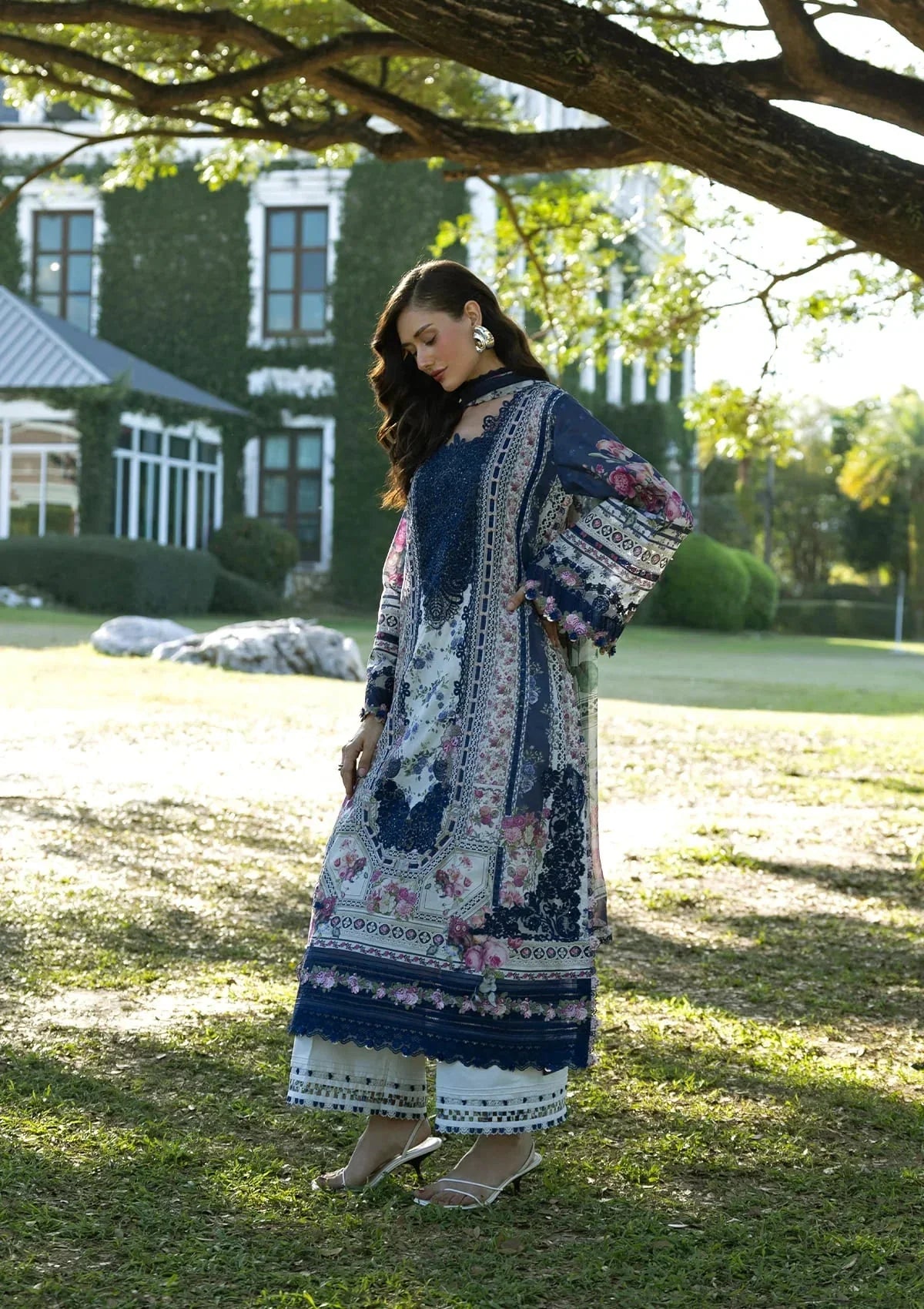 White & Navy Floral Printed Lawn Suit With Embroidery | Ready To Wear