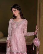 Dusty Rose: Embroidered Chiffon Suit With Silk Gharara | Ready To Wear