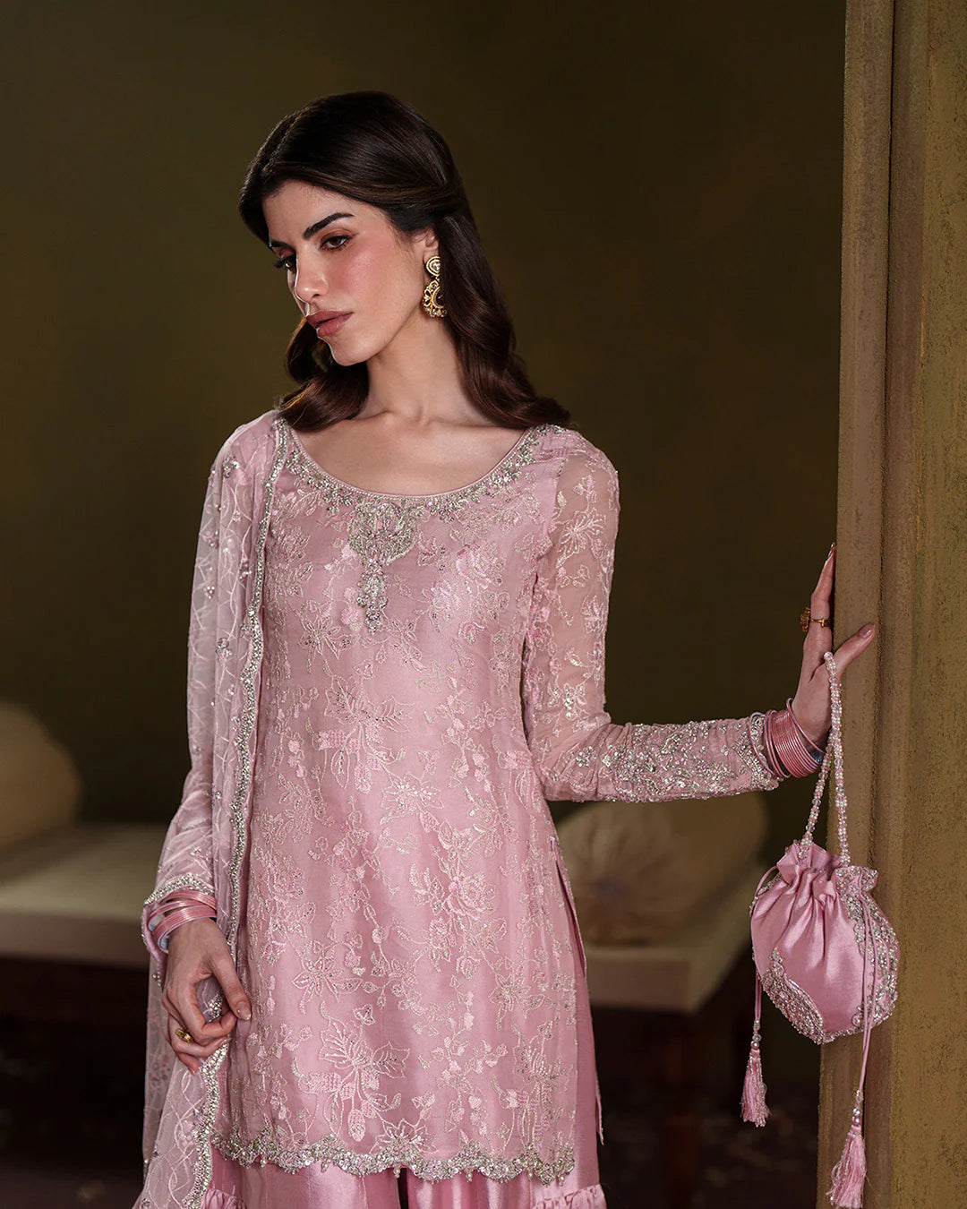 Dusty Rose: Embroidered Chiffon Suit With Silk Gharara | Ready To Wear