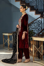Royal Maroon & Black: Embroidered Velvet Suit | Ready To Wear