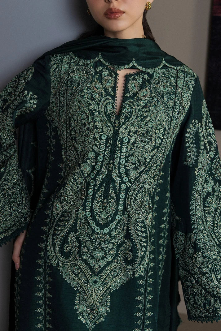 Forest Green & Mint Accent: Embroidered Cotton Suit | Ready To Wear