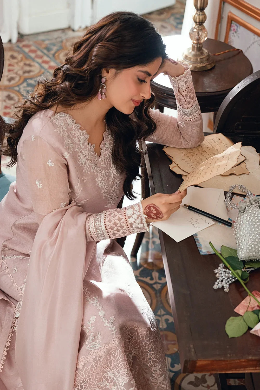 Pastel Blush Pink & White: Embroidered Chiffon Suit | Ready To Wear