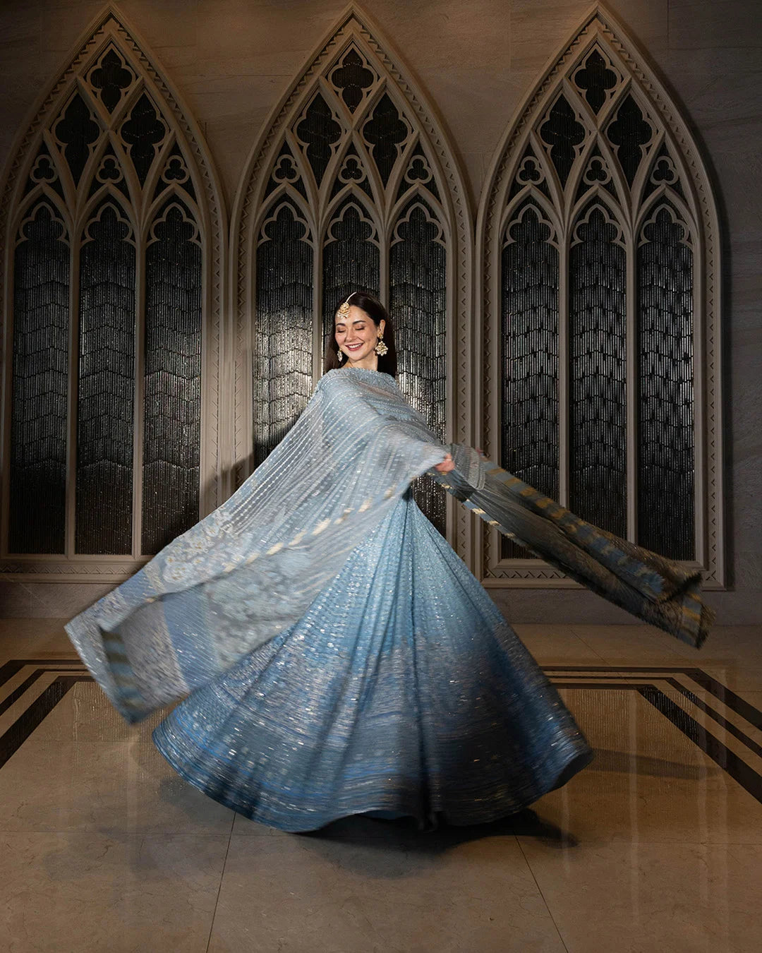 Ombré Ice Blue - Two Tone Embroidered Net Maxi | Ready To Wear