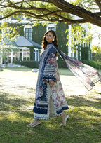White & Navy Floral Printed Lawn Suit With Embroidery | Ready To Wear