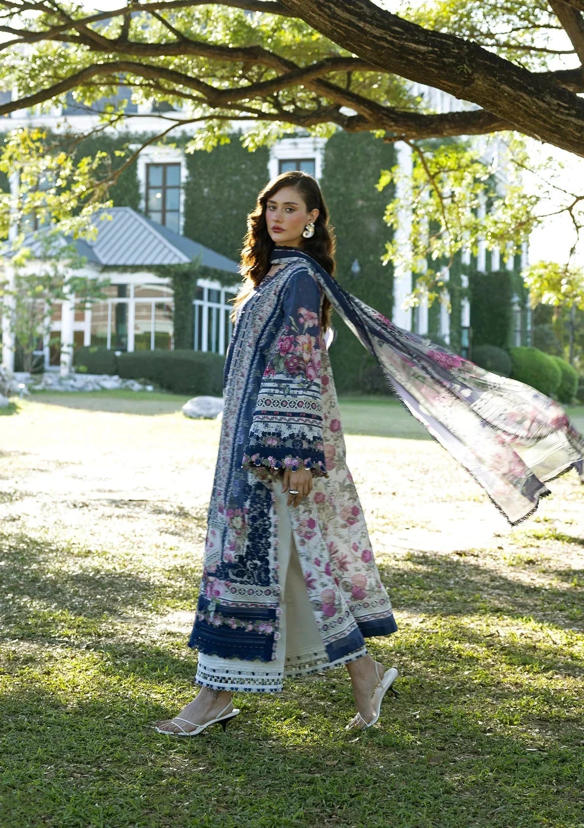 White & Navy Floral Printed Lawn Suit With Embroidery | Ready To Wear