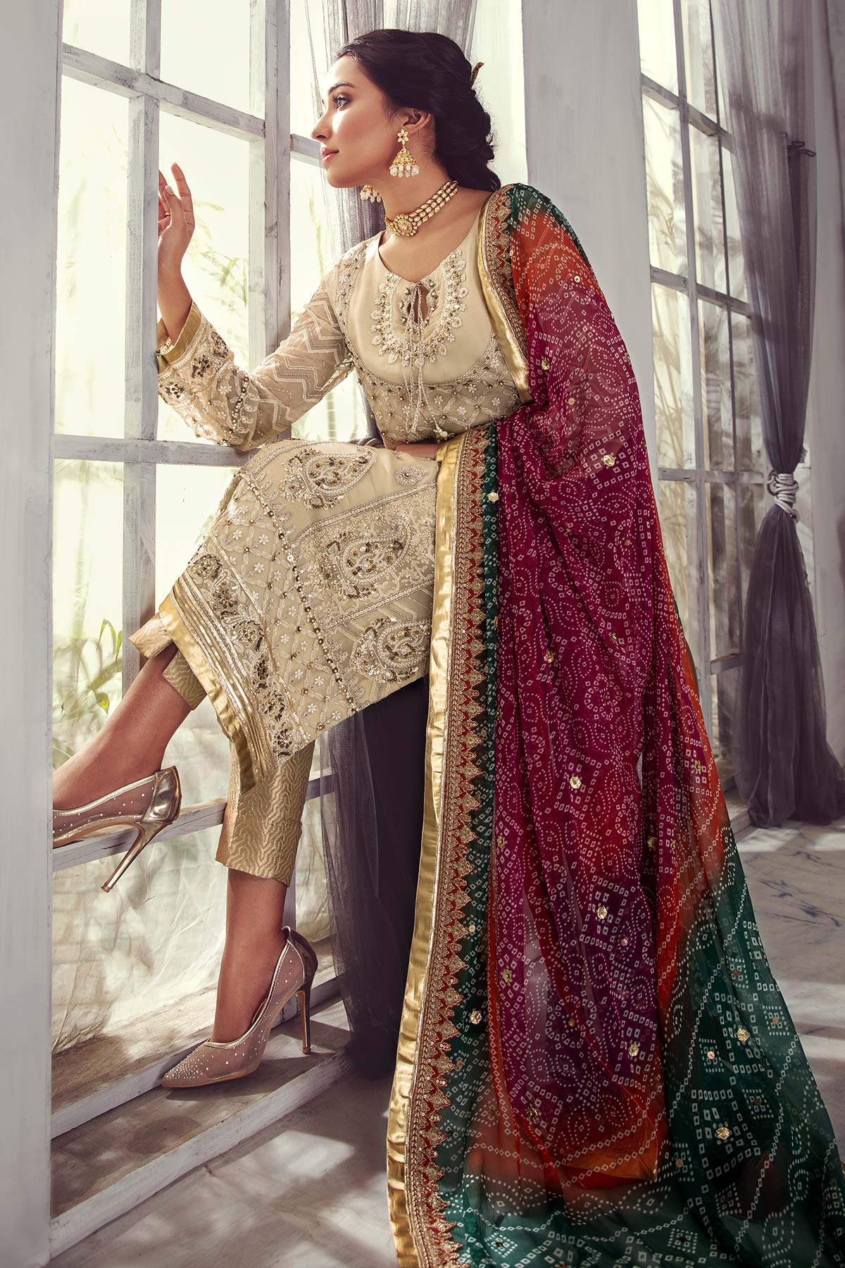 Golden Heritage: Embroidered Chiffon Suit with Chunri Dupatta | Ready To Wear