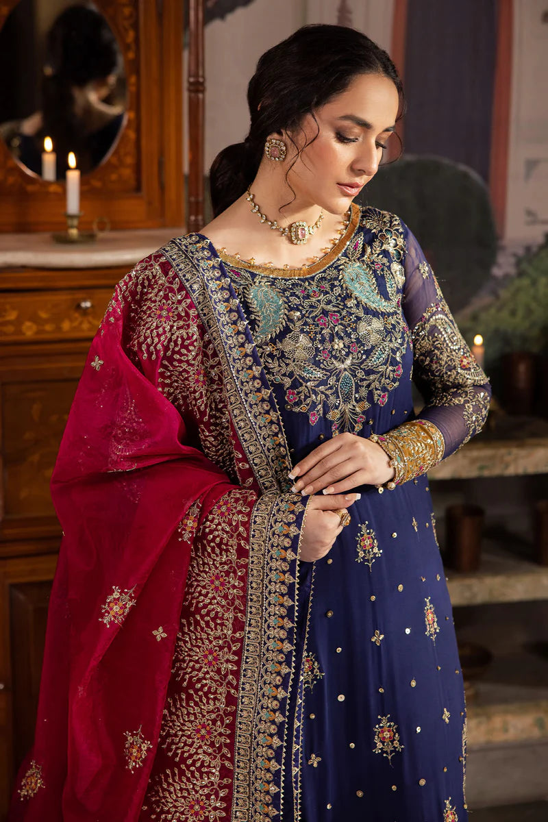 The Royal Sapphire: Heavy Embroidered Chiffon Suit | Ready To Wear