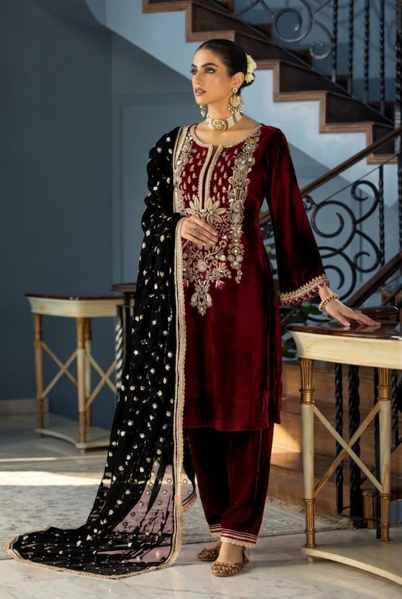 Royal Maroon & Black: Embroidered Velvet Suit | Ready To Wear