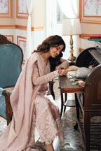 Pastel Blush Pink & White: Embroidered Chiffon Suit | Ready To Wear