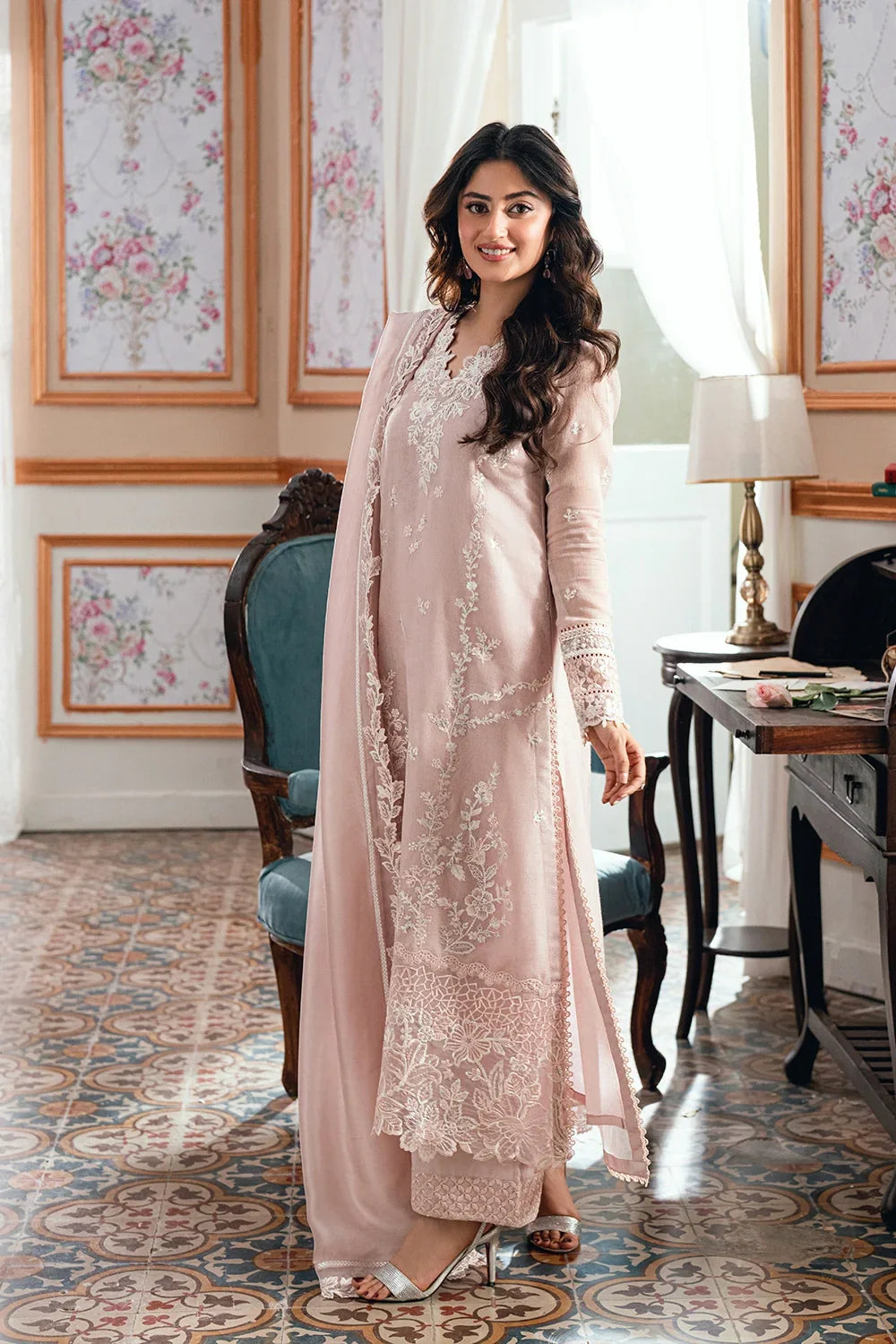 Pastel Blush Pink & White: Embroidered Chiffon Suit | Ready To Wear