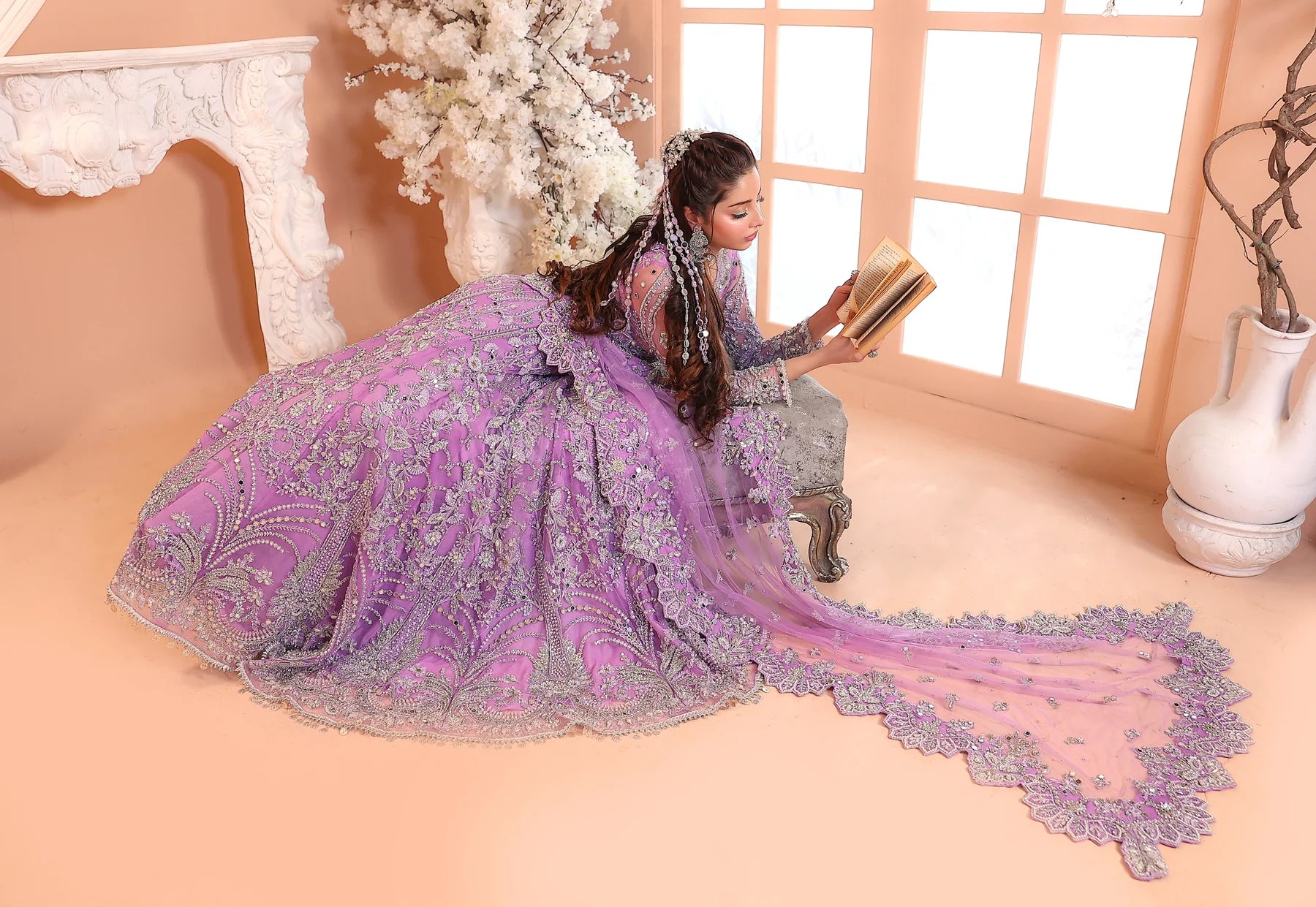 Pastel Lilac & Sparkling Silver: Embroidered Net Bridal Lenge Choli | Ready To Wear