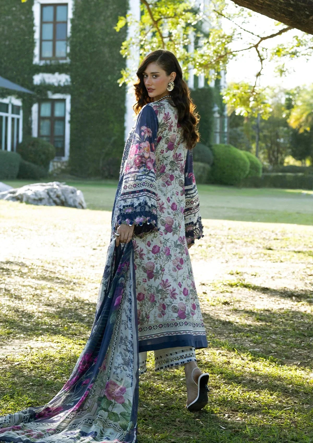 White & Navy Floral Printed Lawn Suit With Embroidery | Ready To Wear