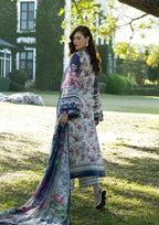 White & Navy Floral Printed Lawn Suit With Embroidery | Ready To Wear