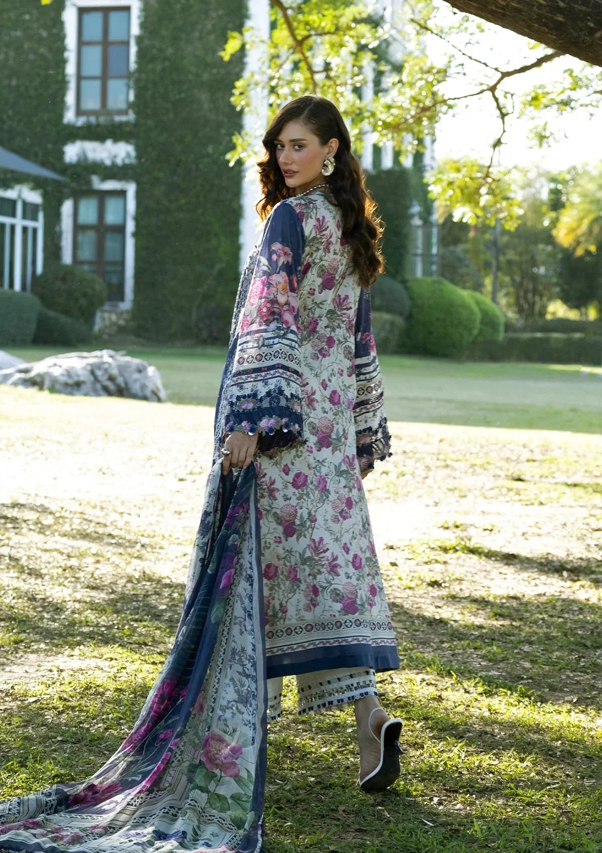 White & Navy Floral Printed Lawn Suit With Embroidery | Ready To Wear
