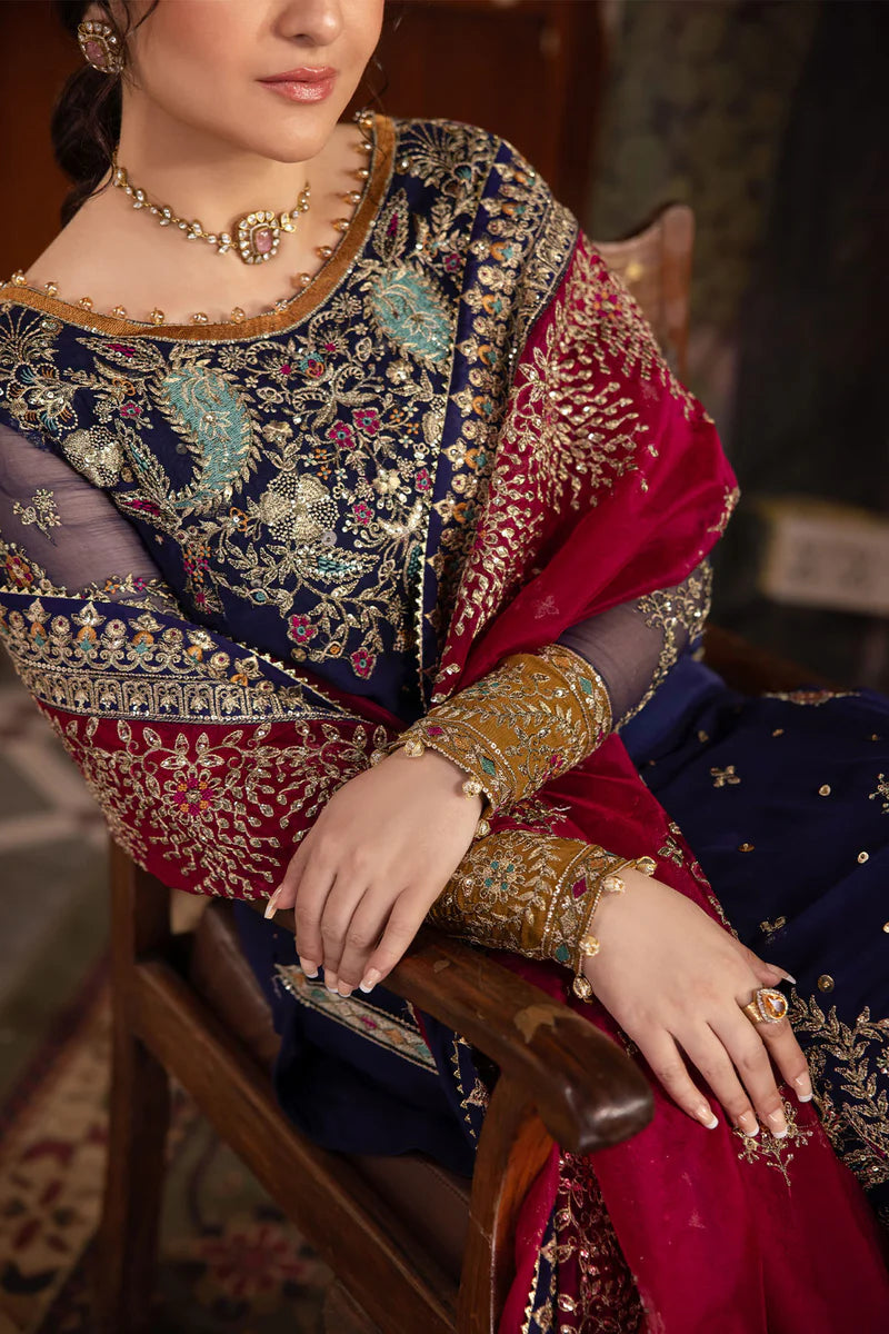 The Royal Sapphire: Heavy Embroidered Chiffon Suit | Ready To Wear