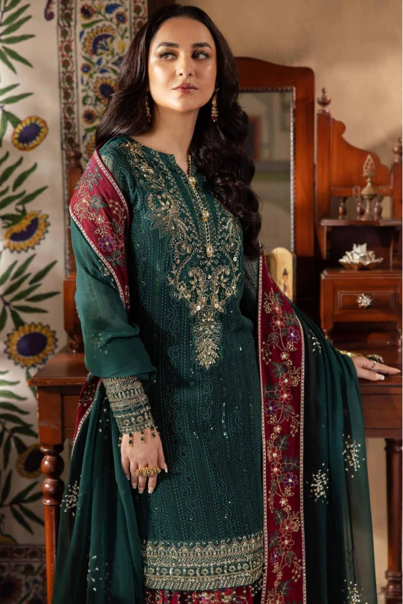 Luxury Embroidered 3-Piece Suit – Deep Green & Maroon