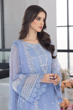Sky Blue Thread Work Luxury Embroidery Dress 3 Piece