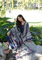 White & Navy Floral Printed Lawn Suit With Embroidery | Ready To Wear