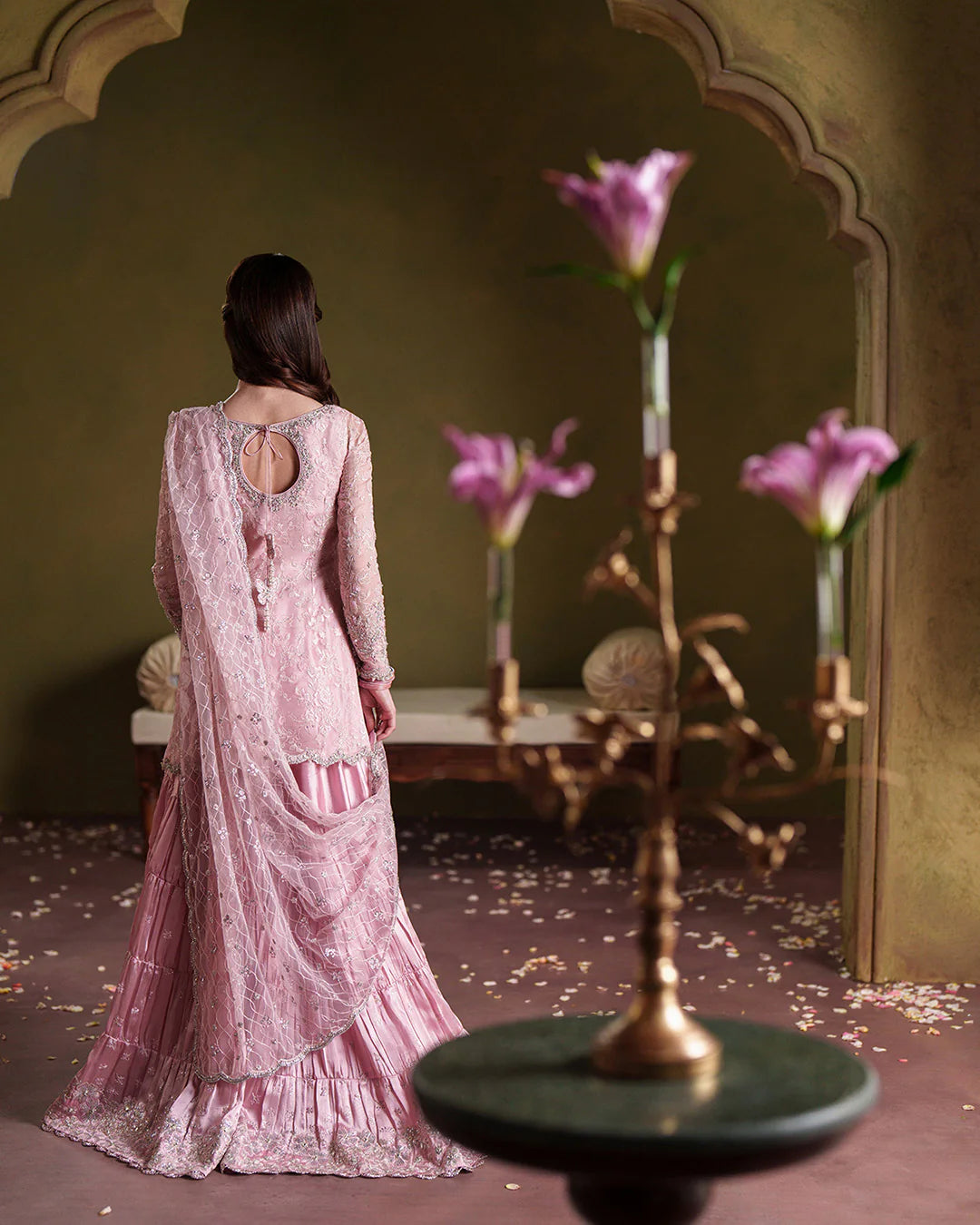 Dusty Rose: Embroidered Chiffon Suit With Silk Gharara | Ready To Wear