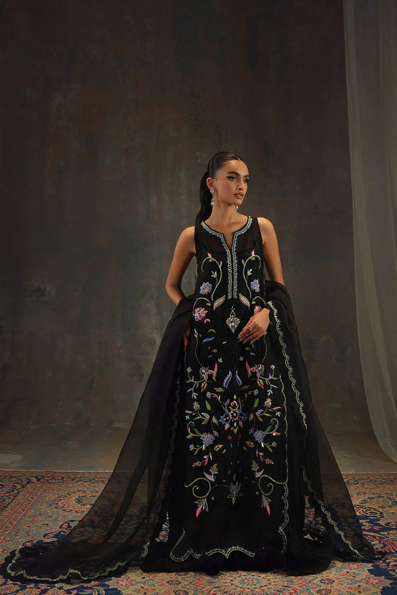 Jet Black & Multicolored Floral Embroidered Silk Suit With Organza Dupatta | Ready To Wear