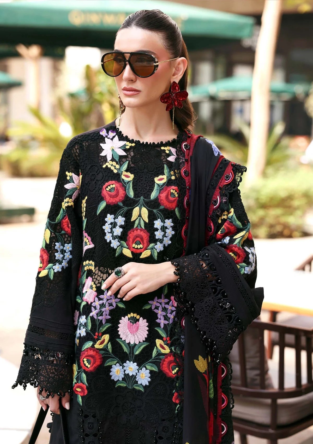 Deep Noir & Multi-Colour: Embroidered Lawn Suit With Printed Silk Dupatta | Ready To Wear