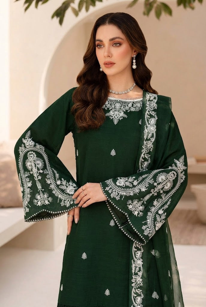 Deep Green: Embroidered Chiffon Suit | Ready To Wear