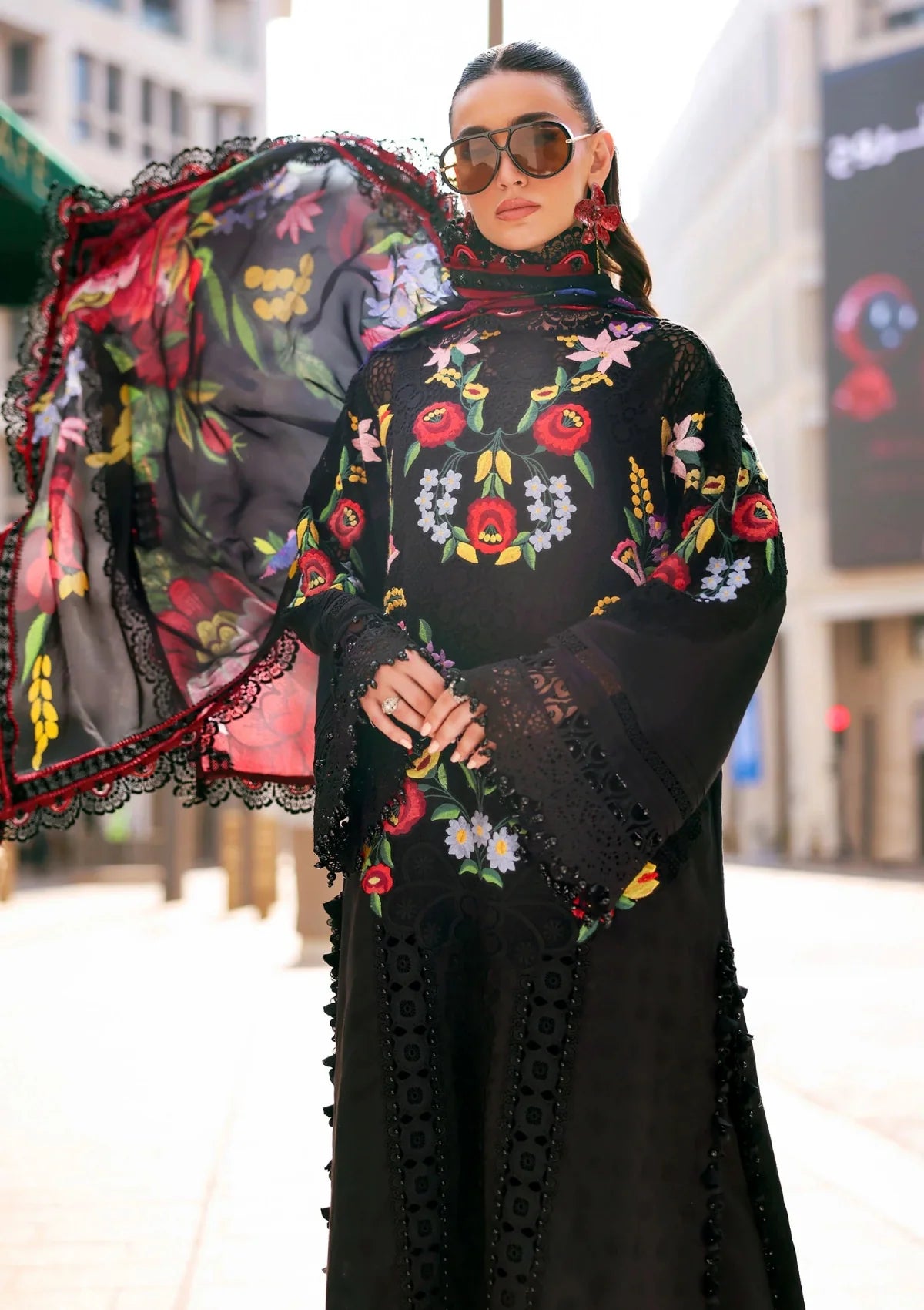 Deep Noir & Multi-Colour: Embroidered Lawn Suit With Printed Silk Dupatta | Ready To Wear