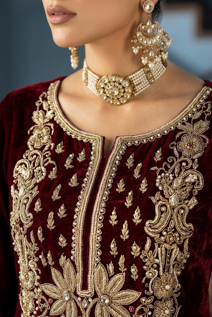 Royal Maroon & Black: Embroidered Velvet Suit | Ready To Wear