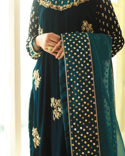 03-Piece Velvet Embroidered Suit With Organza Dupatta