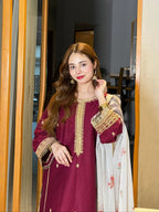03-Piece Silk Suit With Printed Dupatta & Trouser | Ready To Weae