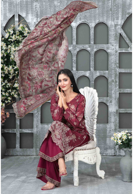 03-Piece Stitched Embroidered Digital Printed Slub Lawn Suit