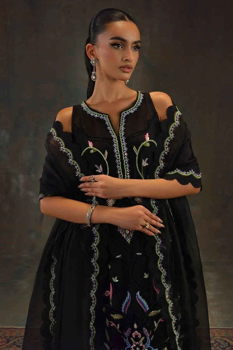Jet Black & Multicolored Floral Embroidered Silk Suit With Organza Dupatta | Ready To Wear
