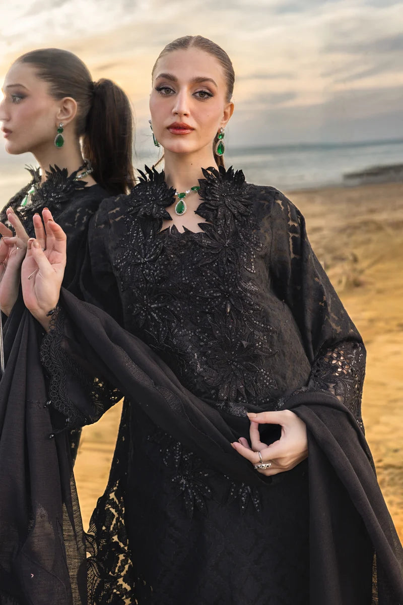 Noir Elegance: Embroidered Jacquard Lawn Suit With Chiffon Dupatta | Ready To Wear
