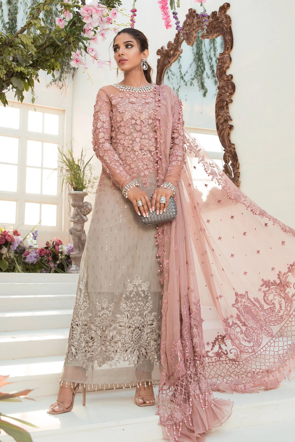 Dusty Rose Pink & Ash Taupe: Embroidered Chiffon Suit | Ready To Wear