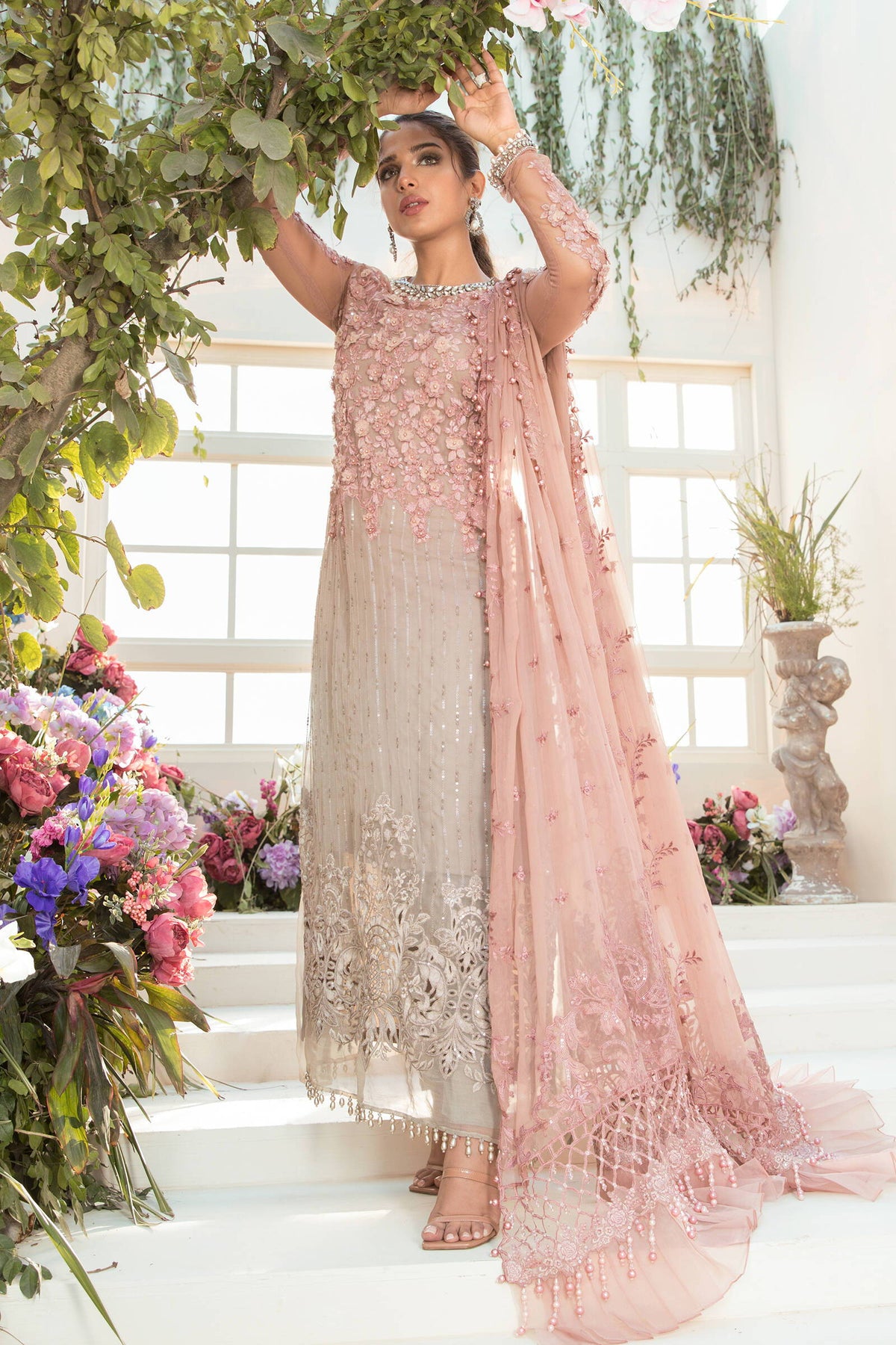 Dusty Rose Pink & Ash Taupe: Embroidered Chiffon Suit | Ready To Wear