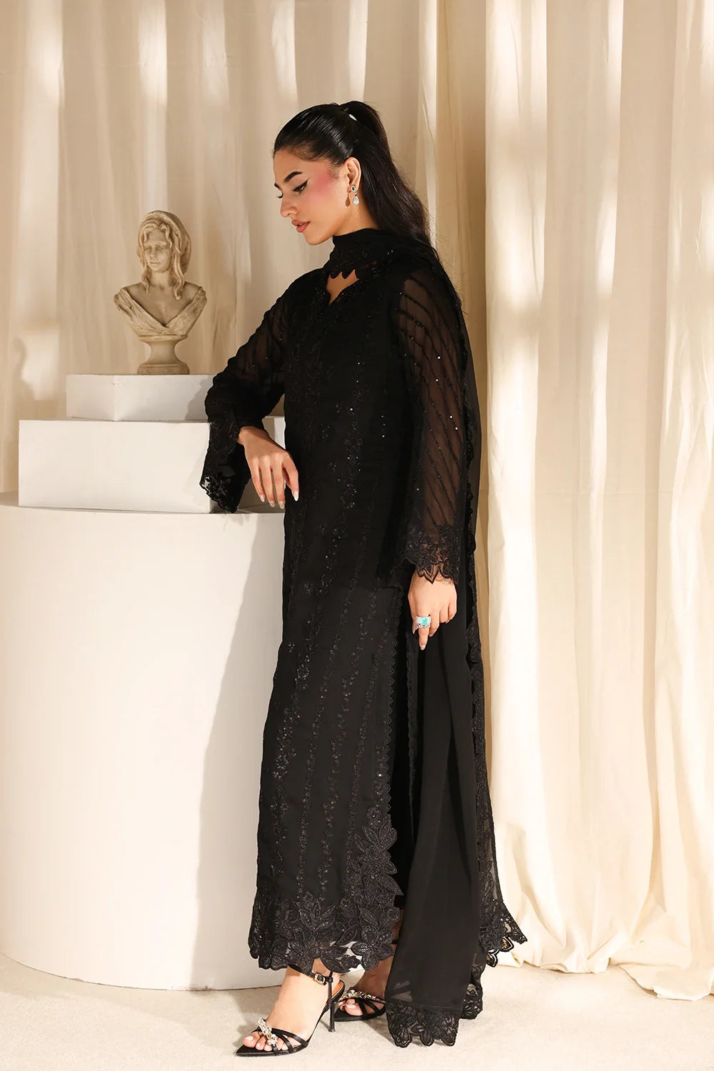 Midnight Noir: Embroidered Chiffon Suit | Ready To Wear