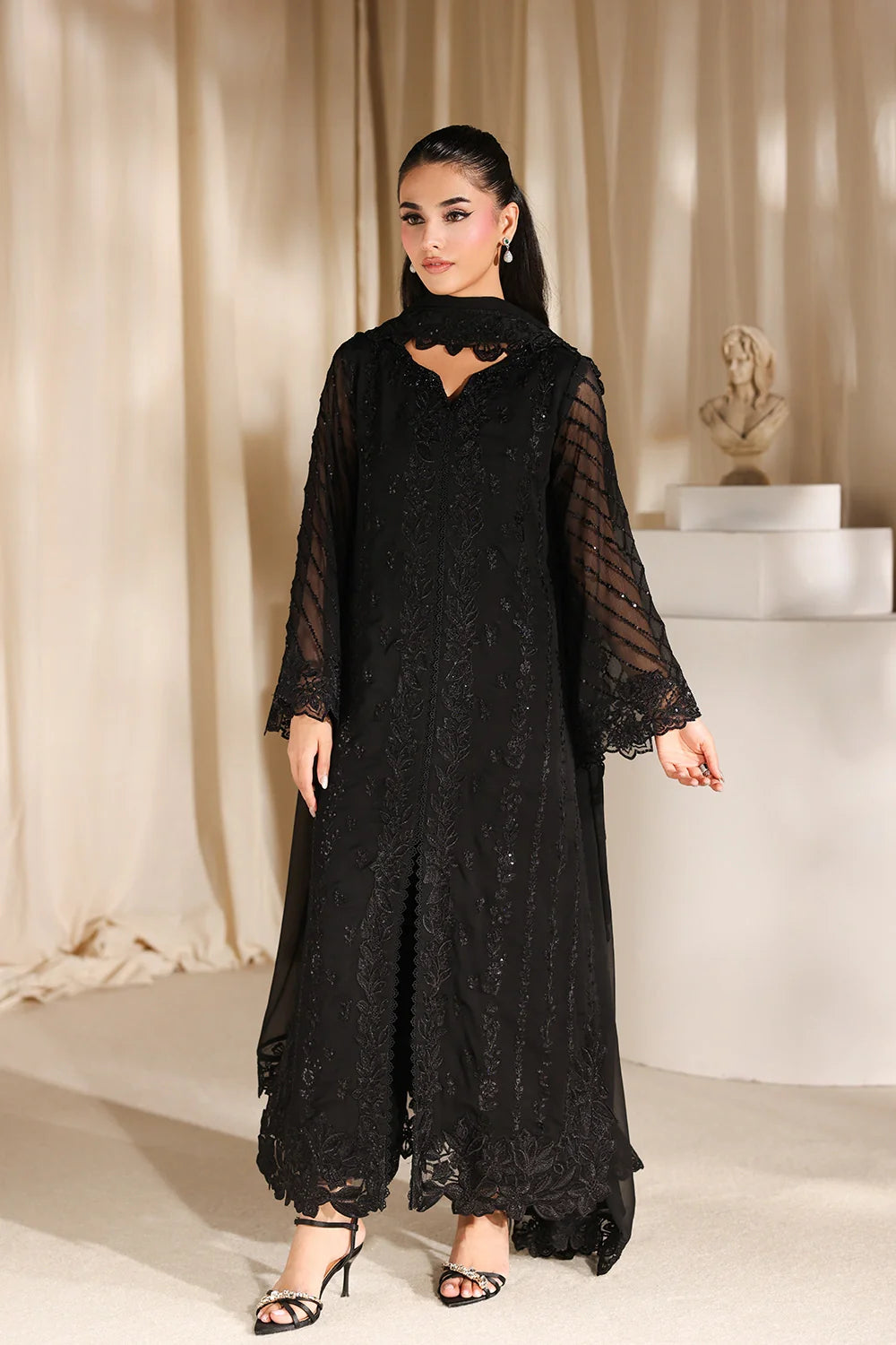 Midnight Noir: Embroidered Chiffon Suit | Ready To Wear