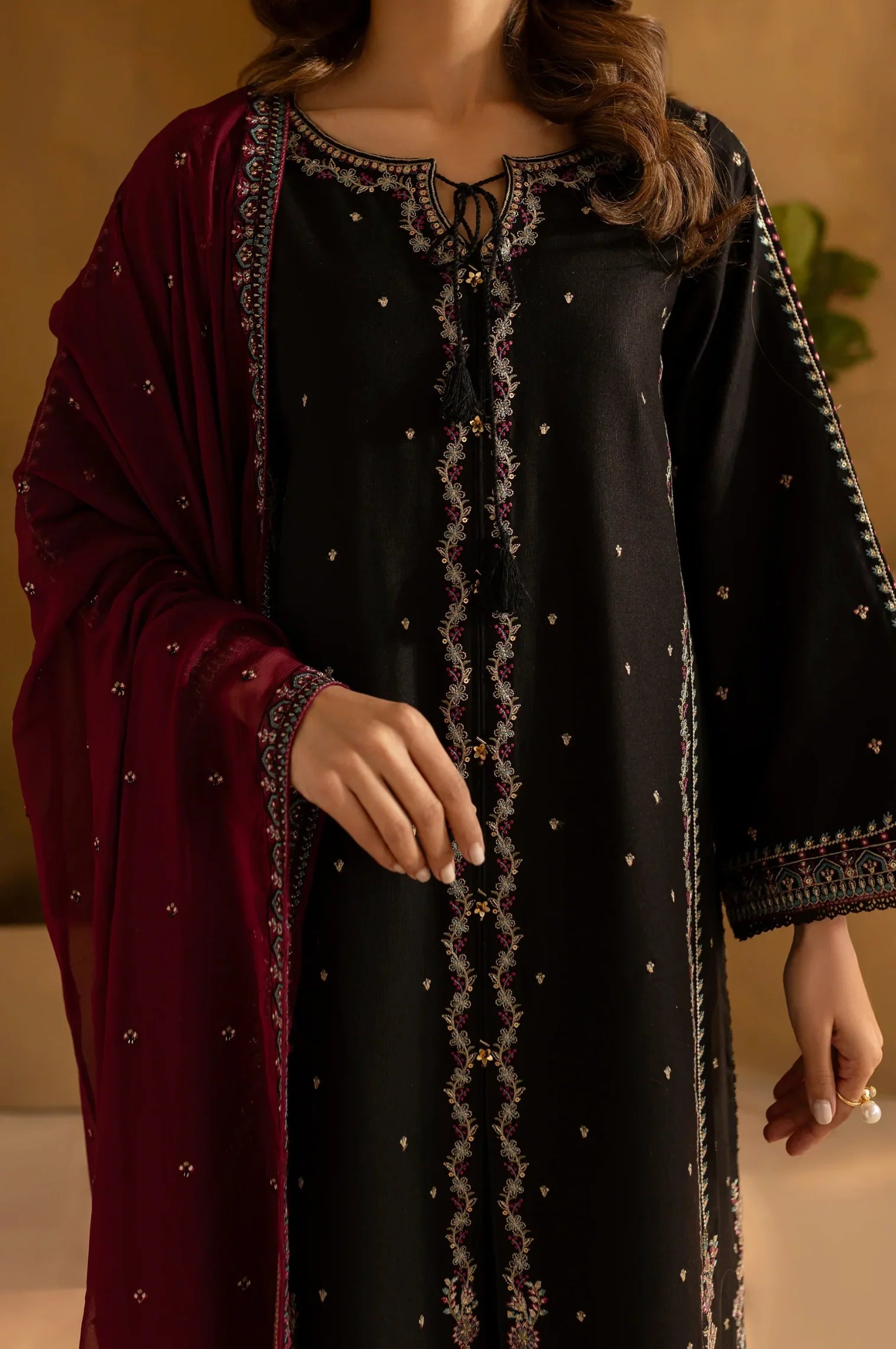Noir & Burgundy Accent: Cotton Silk Suit With Chiffon Dupatta | Ready To Wear