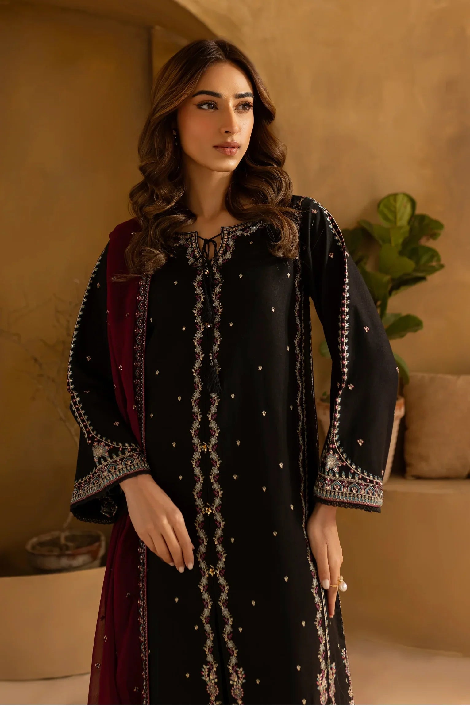 Noir & Burgundy Accent: Cotton Silk Suit With Chiffon Dupatta | Ready To Wear