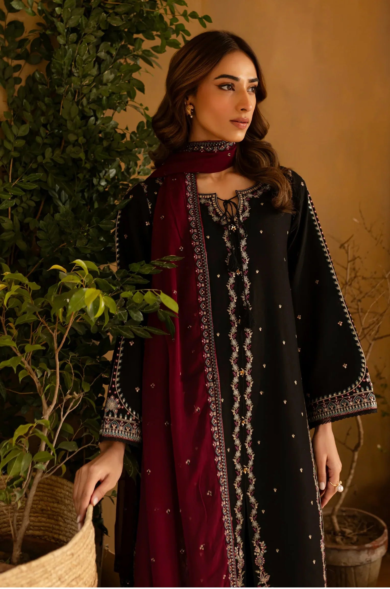 Noir & Burgundy Accent: Cotton Silk Suit With Chiffon Dupatta | Ready To Wear