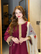 03-Piece Silk Suit With Printed Dupatta & Trouser | Ready To Weae